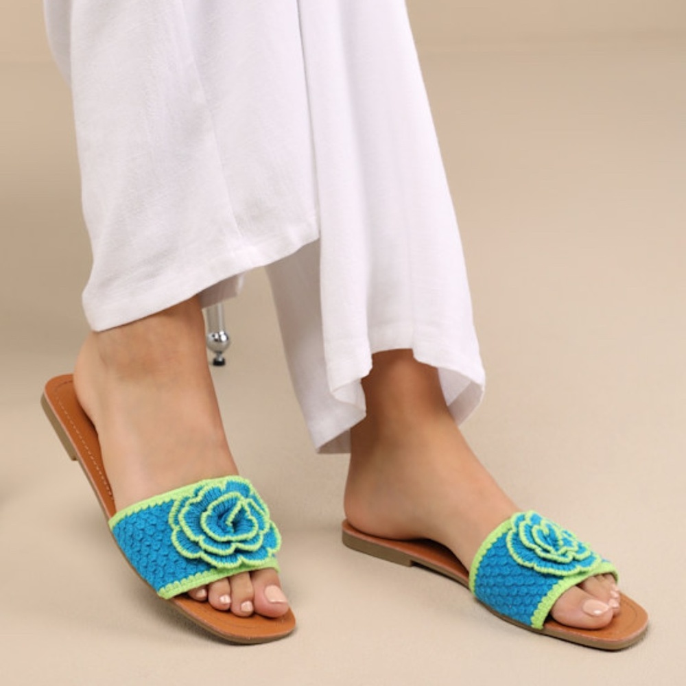 Lulus Simmy Blue And Green Flower Slide Sandals - Size 8